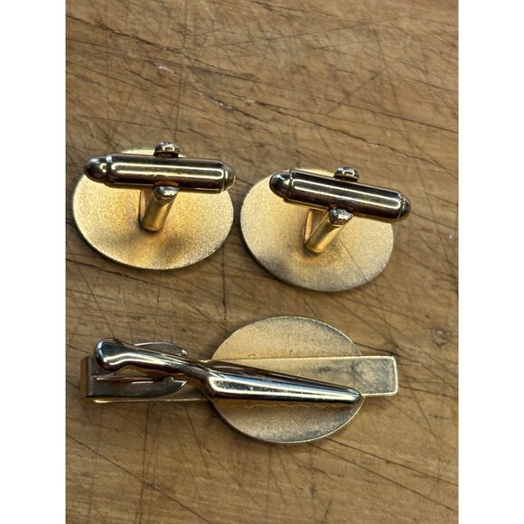 Vintage Gold & Enamel Crown Cufflinks & Tie Clip Set Black & Pink Design Mens Fo - Picture 4 of 6